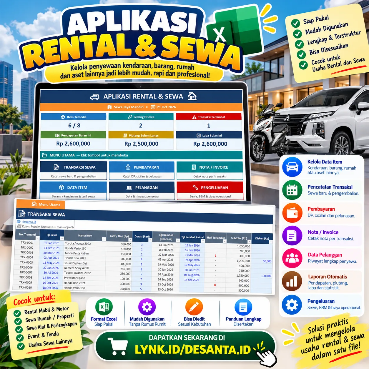 Preview 🚗 Template Excel Rental & Sewa Otomatis | Transaksi, Pembayaran, Invoice & Laporan