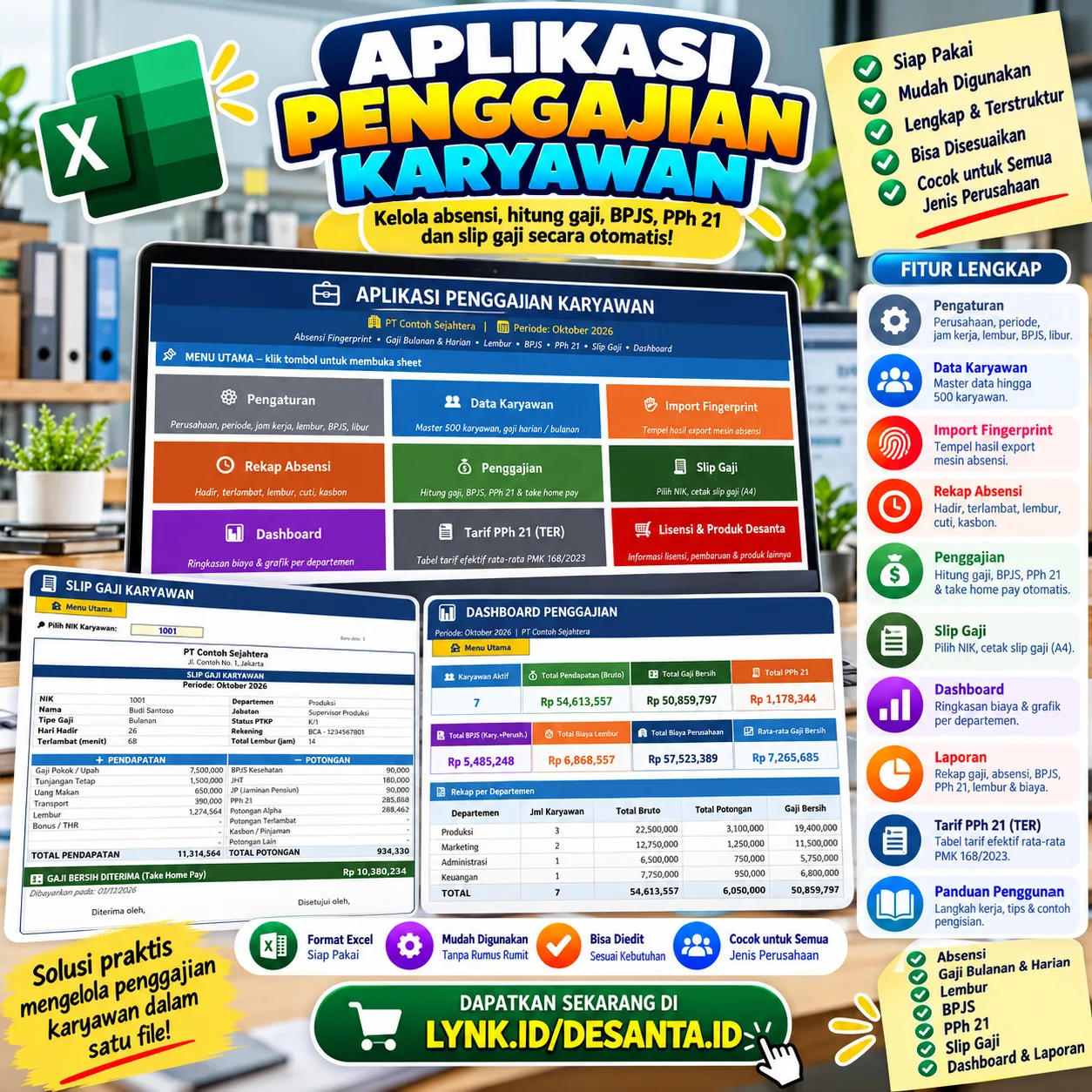 Preview 💼 Template Excel Penggajian Karyawan Otomatis | Absensi, BPJS, PPh 21 & Slip Gaji